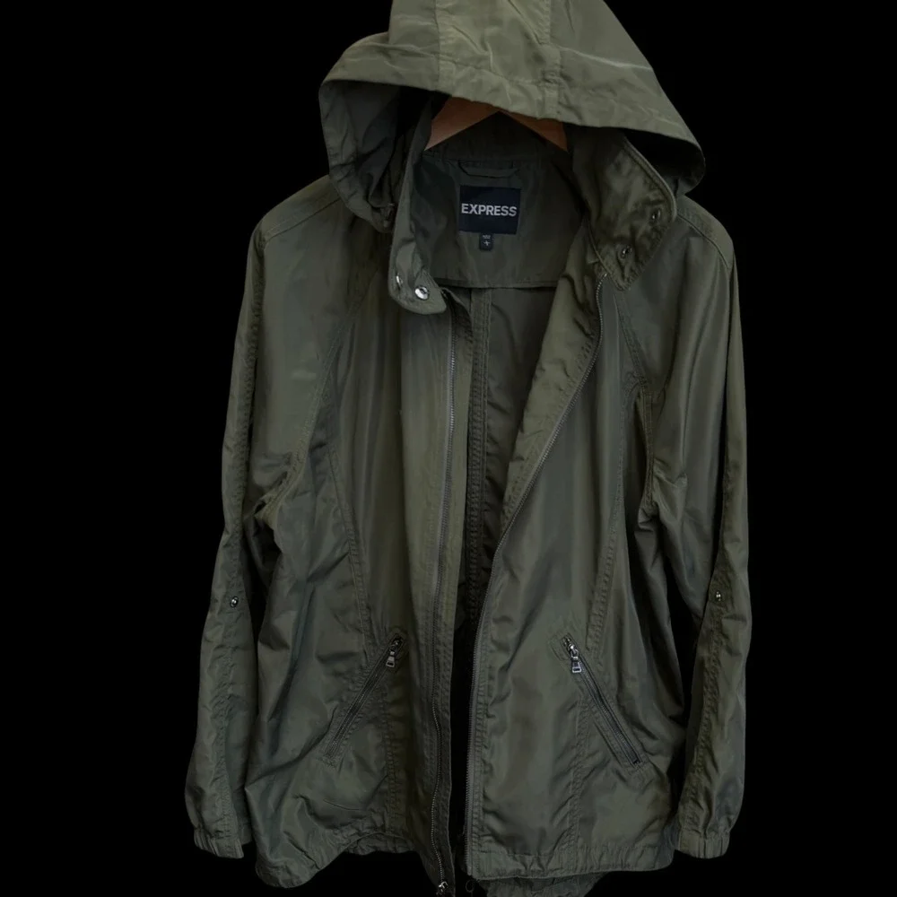 Express Womens Olive Green Lightweight Hooded Windbreaker Jacket Size L #524‎